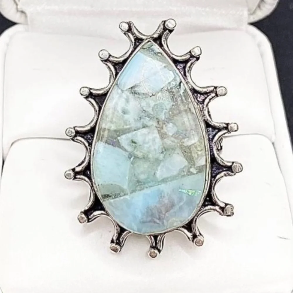 925 STAMPED BEAUTIFUL NATURAL LARIMAR & OPAL TRIPLET RING SIZE 7 #1003
